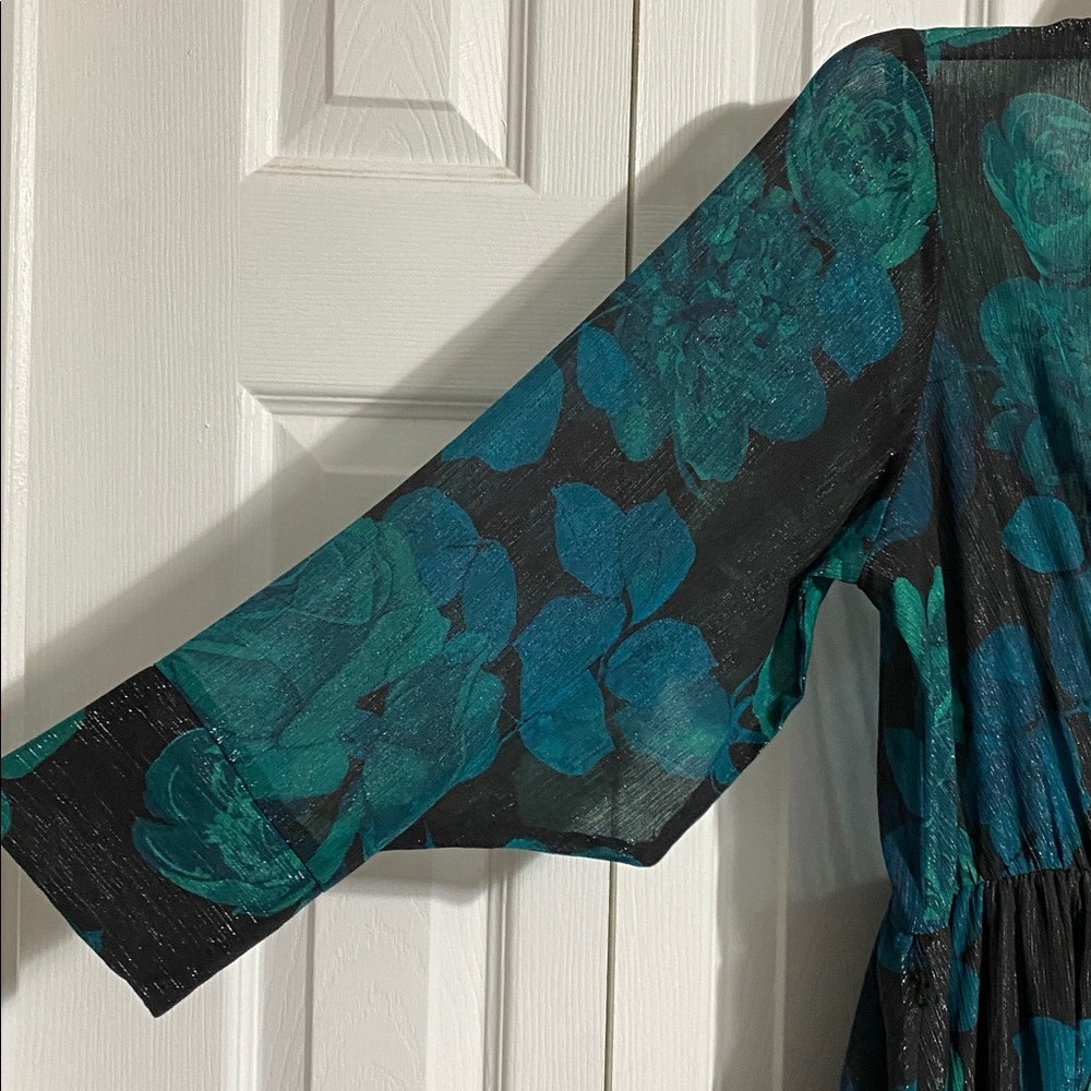 Festive Enfocus petite floral green & silver sparkle sheer lined dress size 14P - Picture 4 of 14